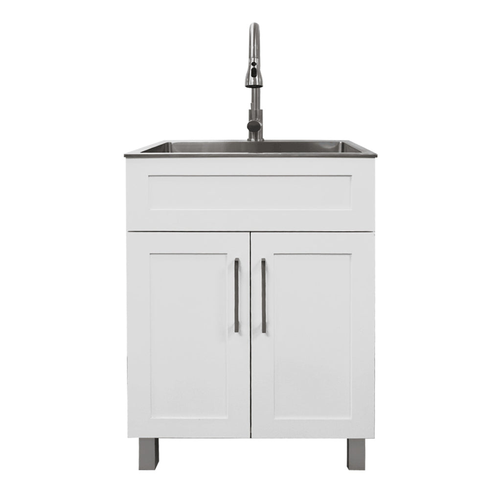 24″ Cabinet with Faucet and Stainless Steel Sink in White, for The Laundry Room and Utility Room(HDF)