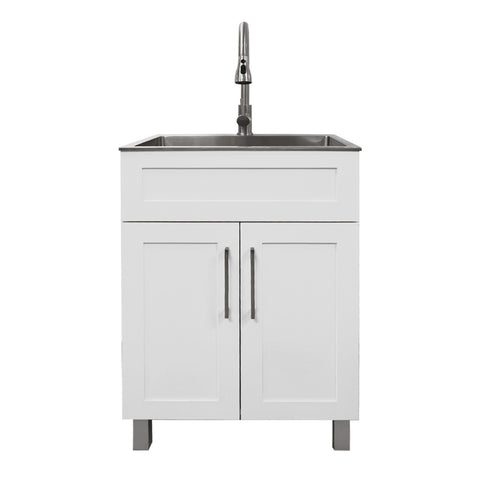 24″ Cabinet with Faucet and Stainless Steel Sink in White, for The Laundry Room and Utility Room(HDF)